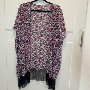 Pink‎ Blue Patterned Kimono Cover Up Womens OS Fringe Boho Cardigan Sheer
